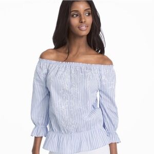 NWT White House Black Market Blue White Embroidered Blouse Off-the-Shoulder Top